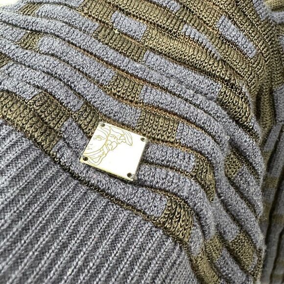 Versace Collection Blue & Black Wool Blend Mesh Knit V-neck Sweater Size M - Picture 8 of 14